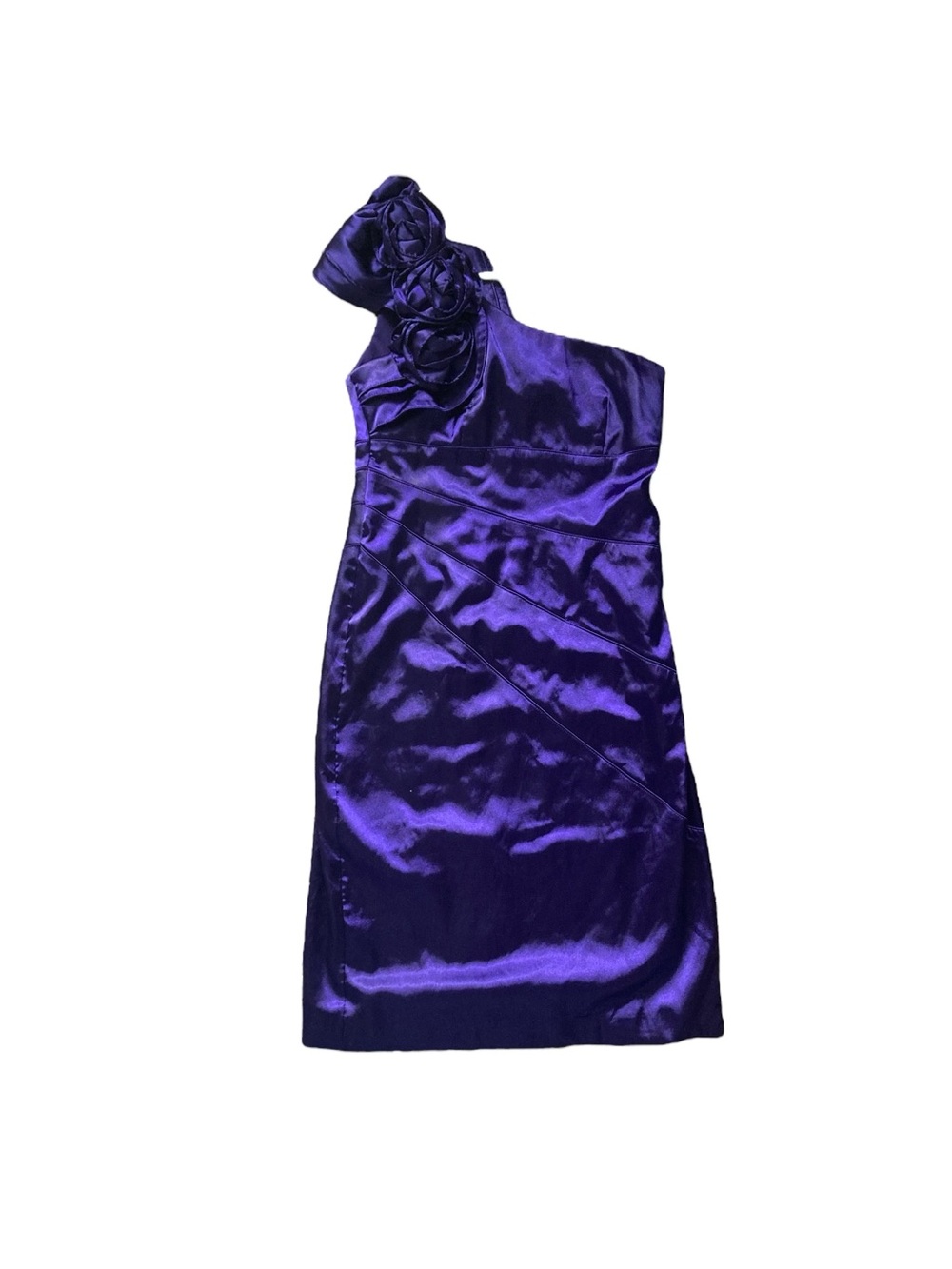 Women’s One-Shoulder Purple Satin Cocktail Dress with Rosette Detail